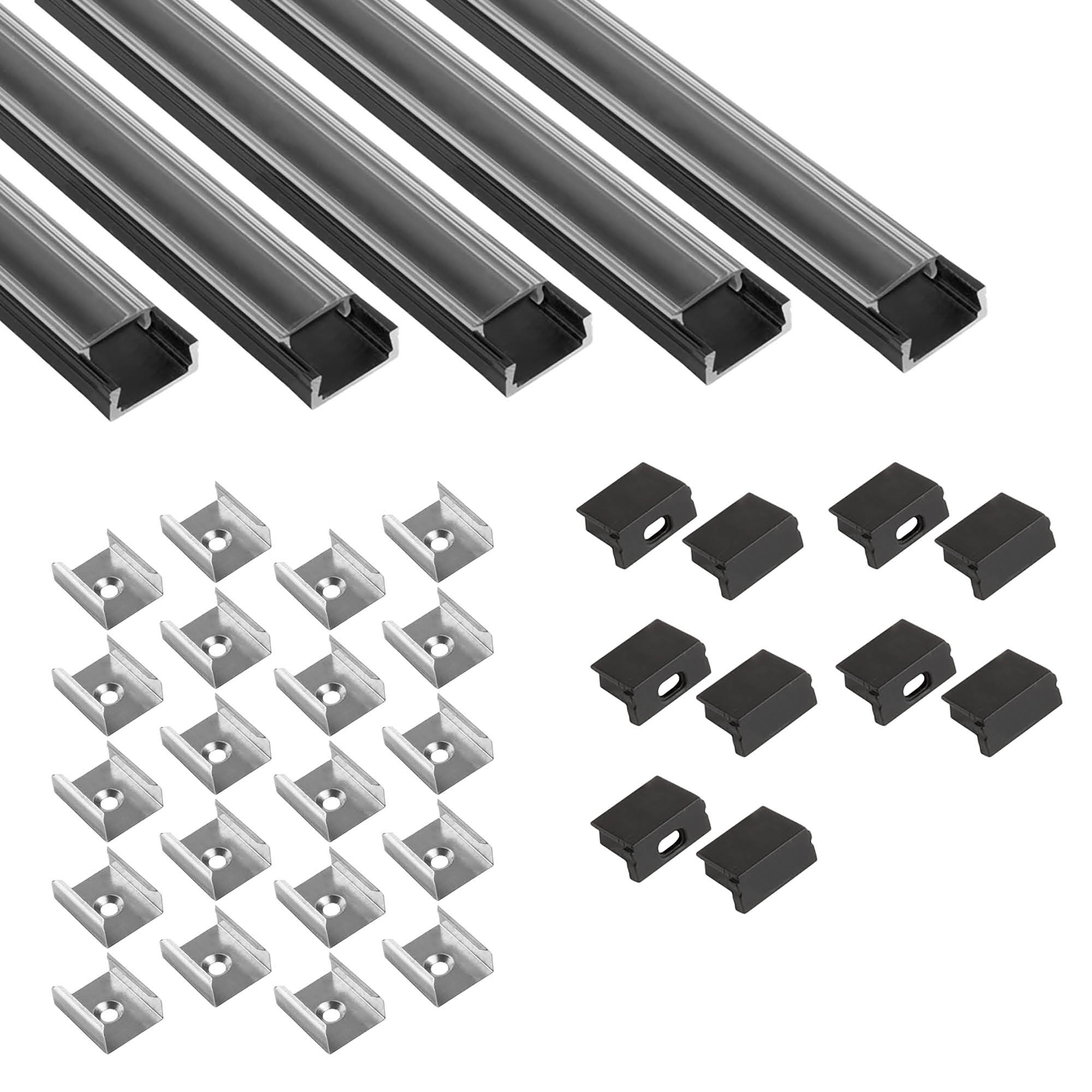 5x A15 LED Profil 2m - Schwarz inkl. Abdeckung klar, Halter & Endkappen