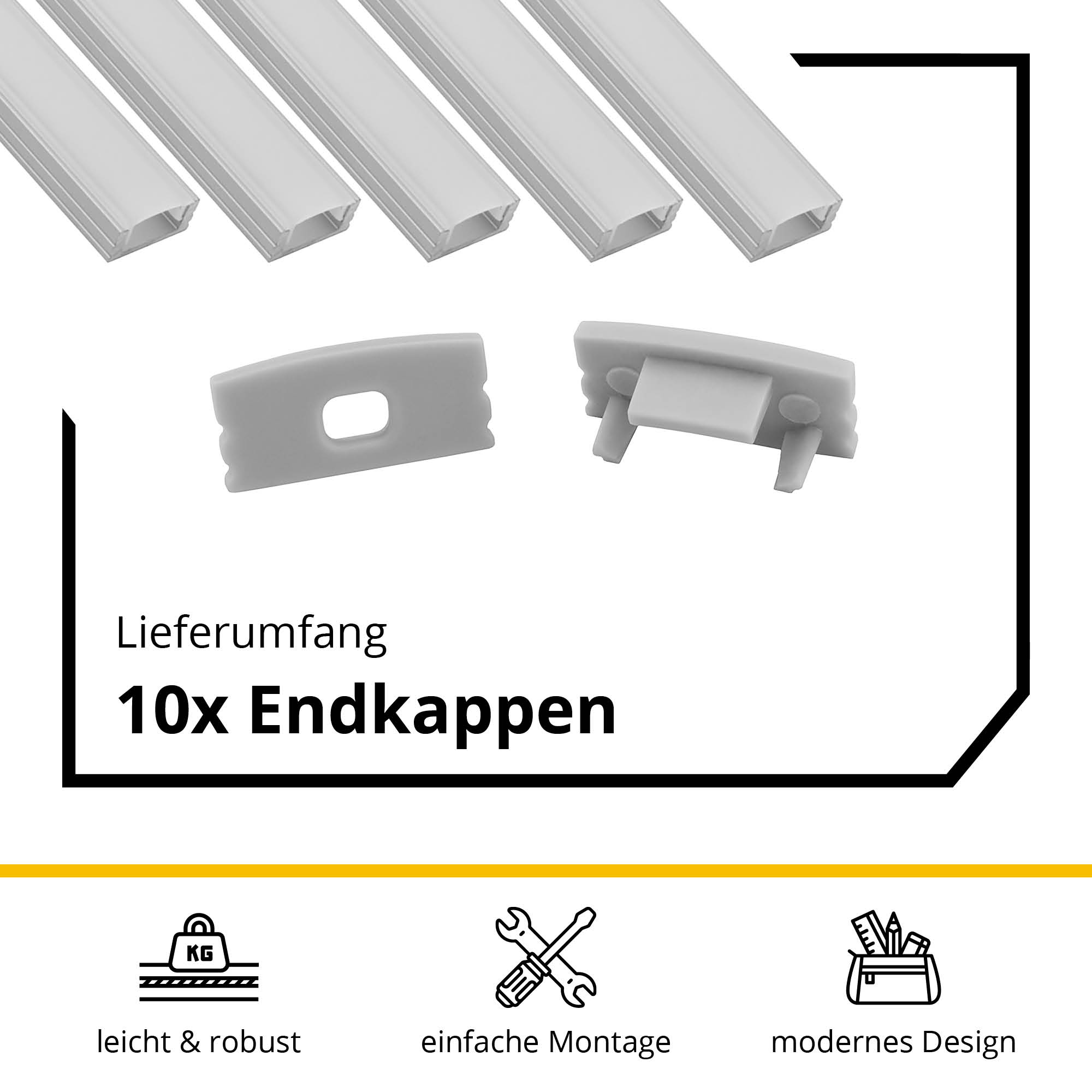 5x A17 LED Profil 2m - Silber inkl. Abdeckung milky, Halter & Endkappen