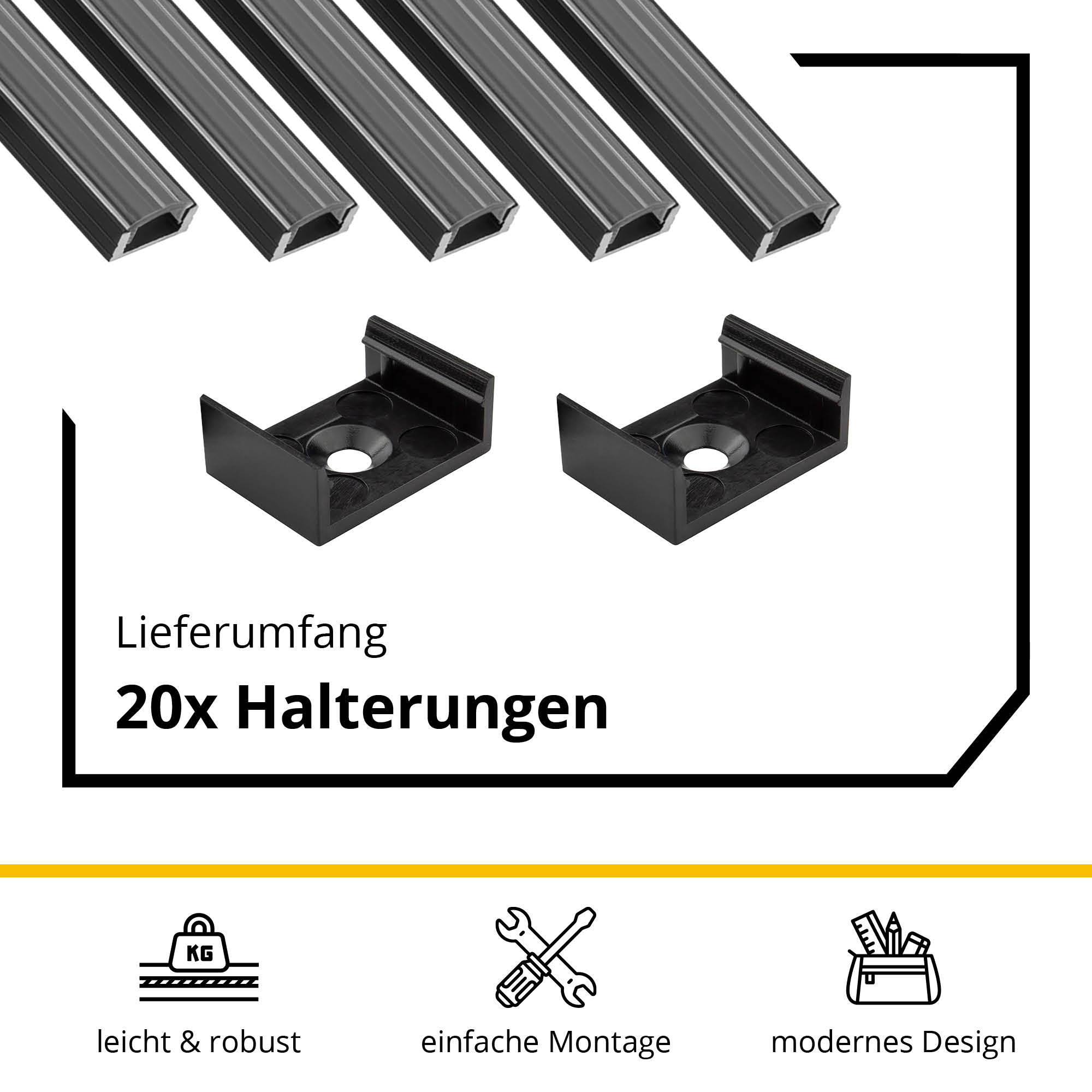 5x A17 LED Profil 2m - Schwarz inkl. Abdeckung klar, Halter & Endkappen 5x A17 LED Profil 2m - Schwarz inkl. Abdeckung klar, Halter & Endkappen