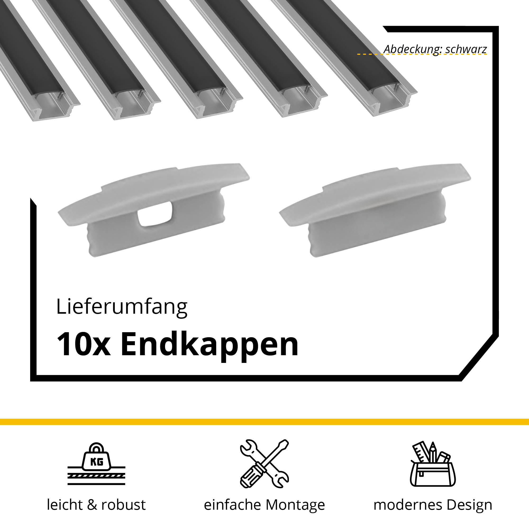 5x A25 LED Profil 2m - Silber inkl. Abdeckung schwarz & Endkappen 5x A25 LED Profil 2m - Silber inkl. Abdeckung schwarz & Endkappen