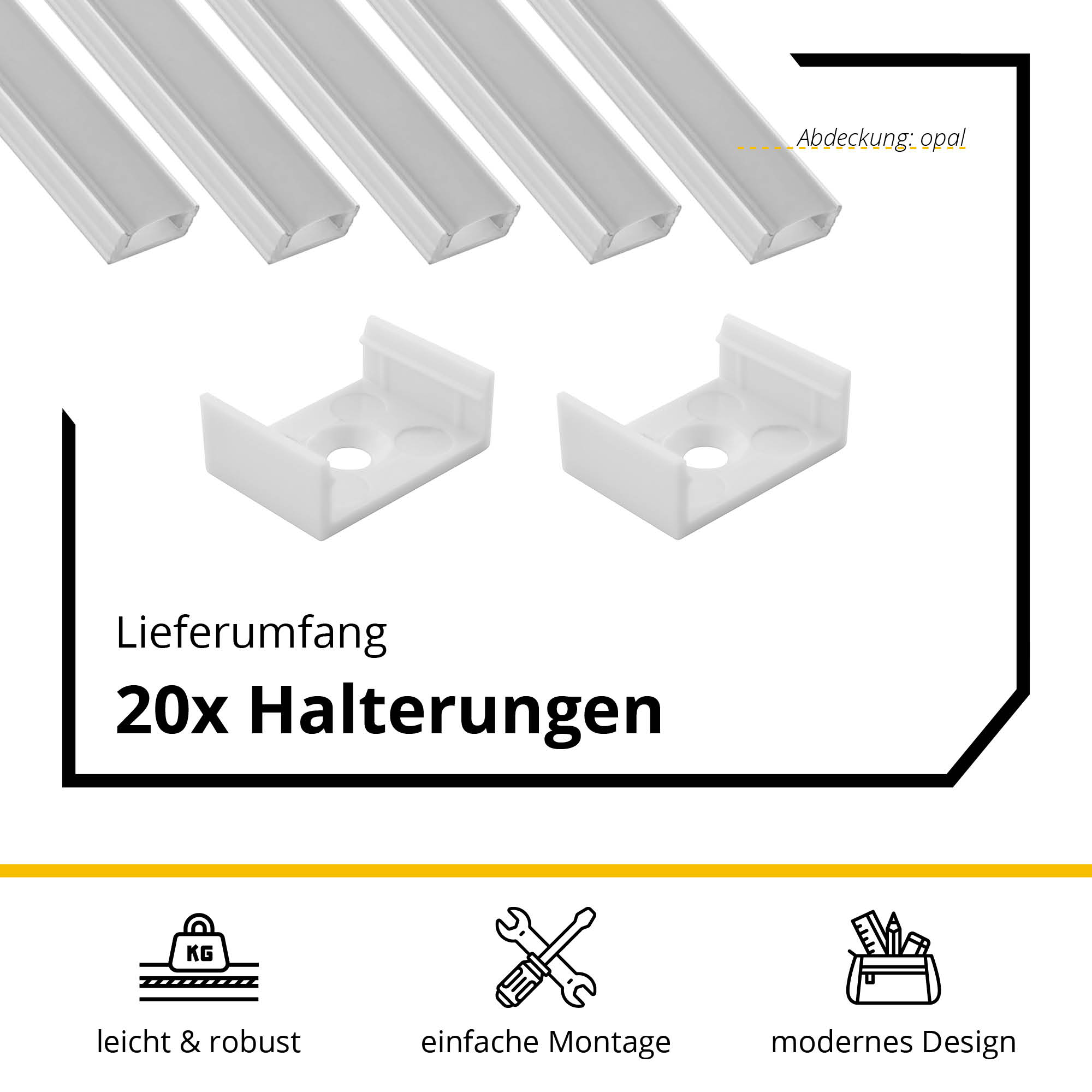 5x A17 LED Profil 2m - Weiss inkl. Abdeckung opal, Halter & Endkappen