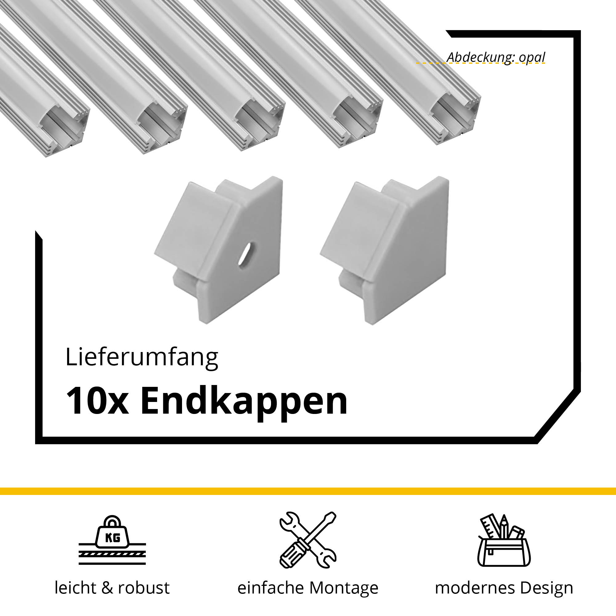 5x A19 LED Profil 2m - Silber inkl. Abdeckung opal, Halter & Endkappen