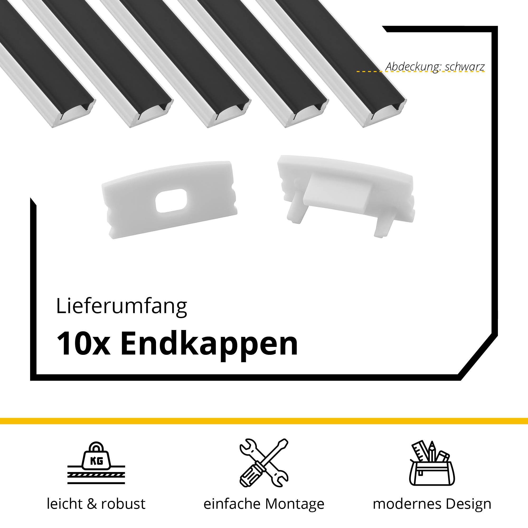 5x A17 LED Profil 2m - Weiss inkl. Abdeckung schwarz, Halter & Endkappen 5x A17 LED Profil 2m - Weiss inkl. Abdeckung schwarz, Halter & Endkappen