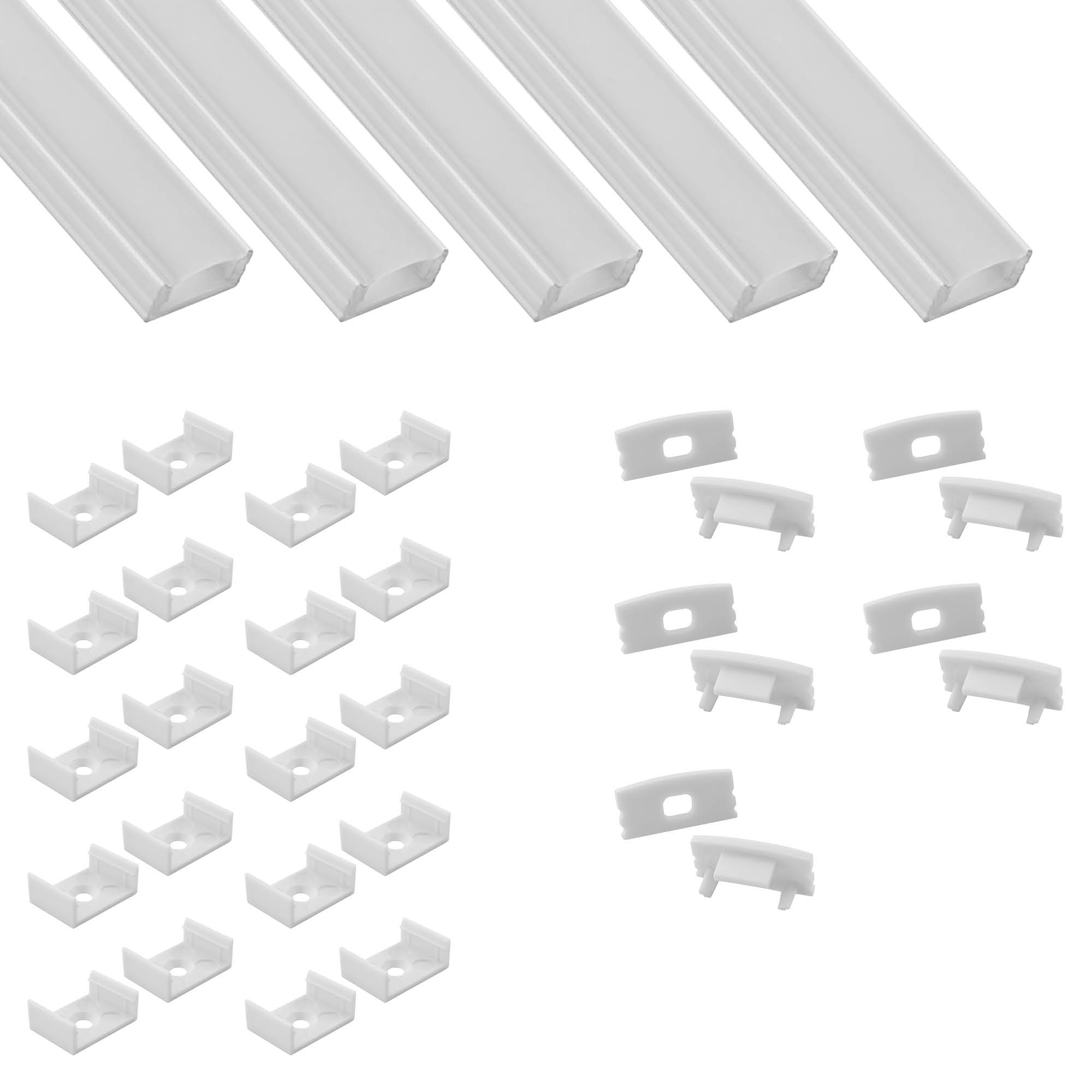 5x A17 LED Profil 2m - Weiss inkl. Abdeckung milky, Halter & Endkappen