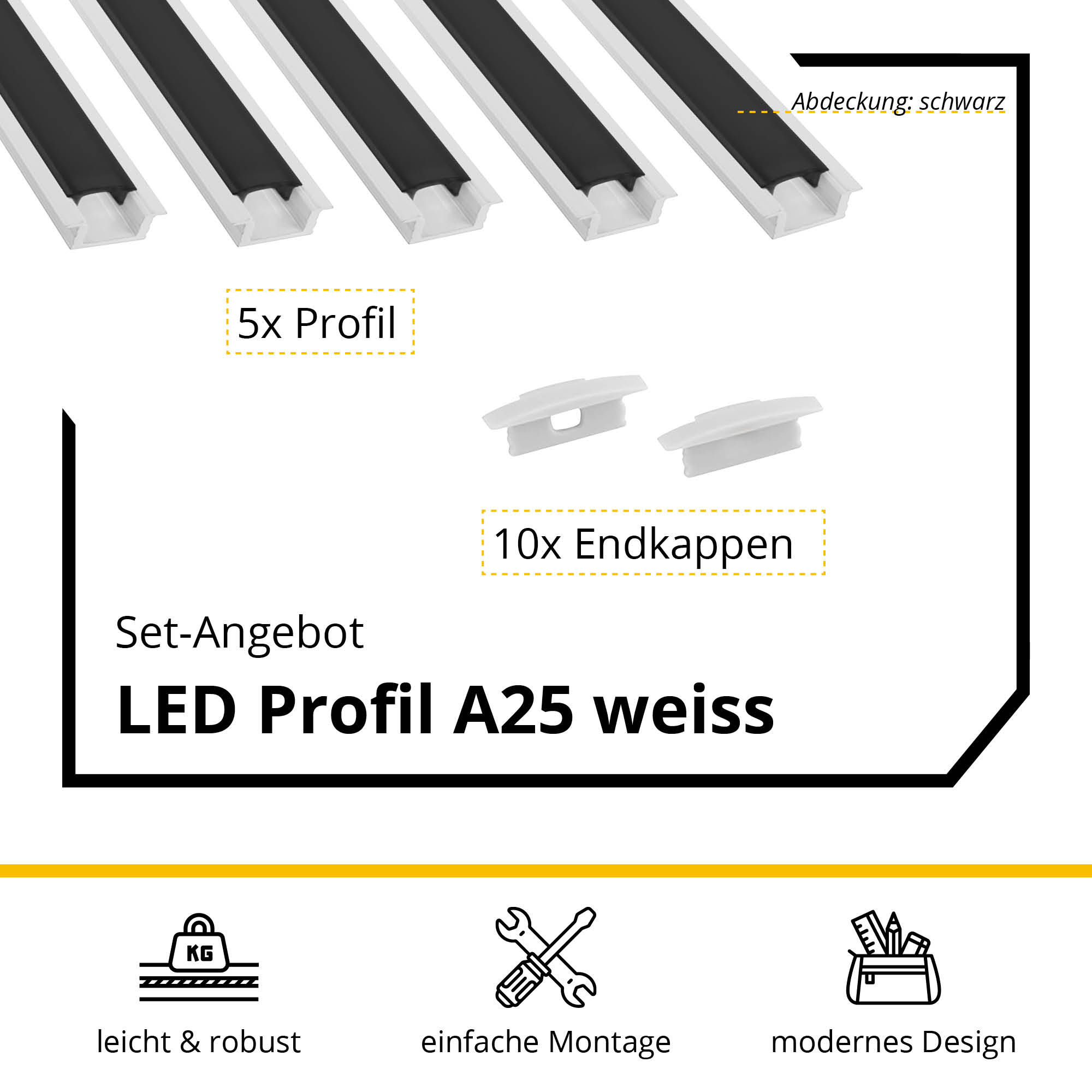 5x A25 LED Profil 2m - Weiss inkl. Abdeckung schwarz & Endkappen