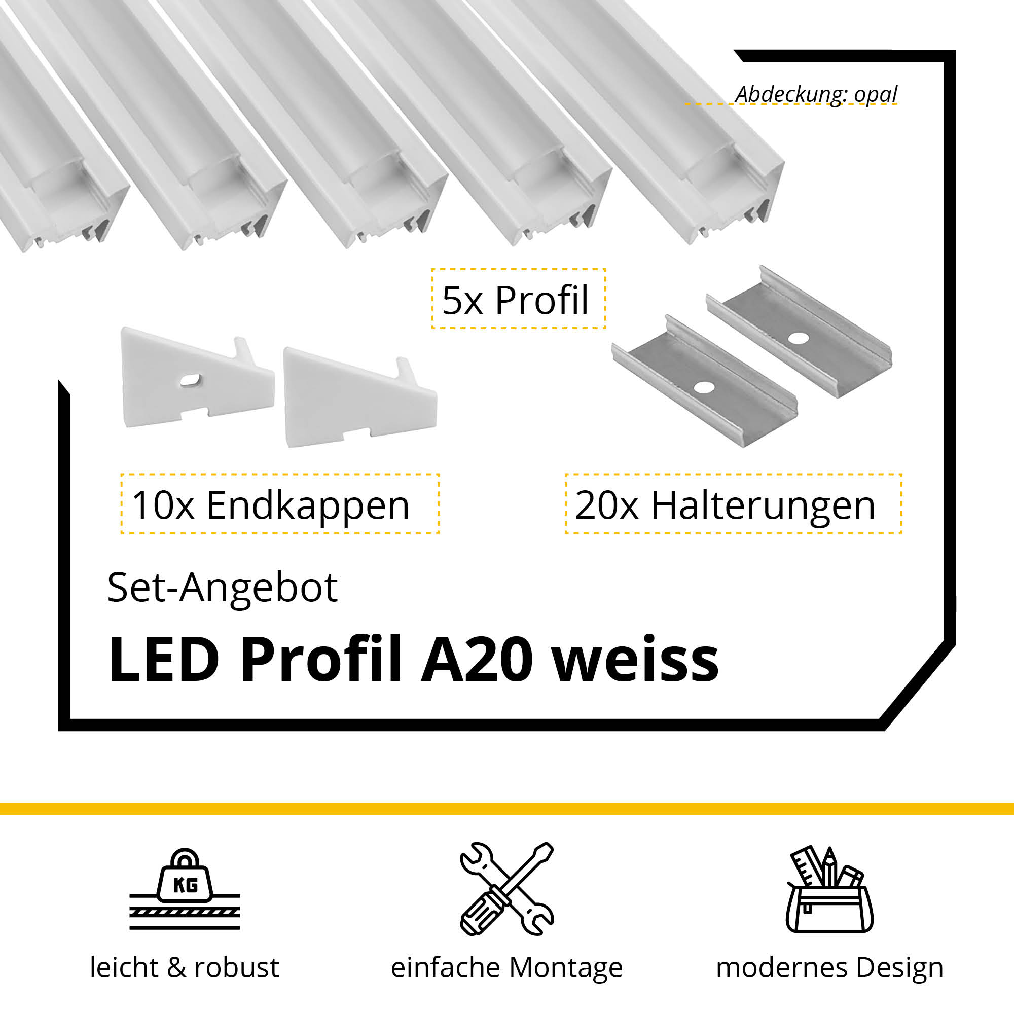 5x A20 LED Profil 2m - Weiss inkl. Abdeckung opal, Halter & Endkappen