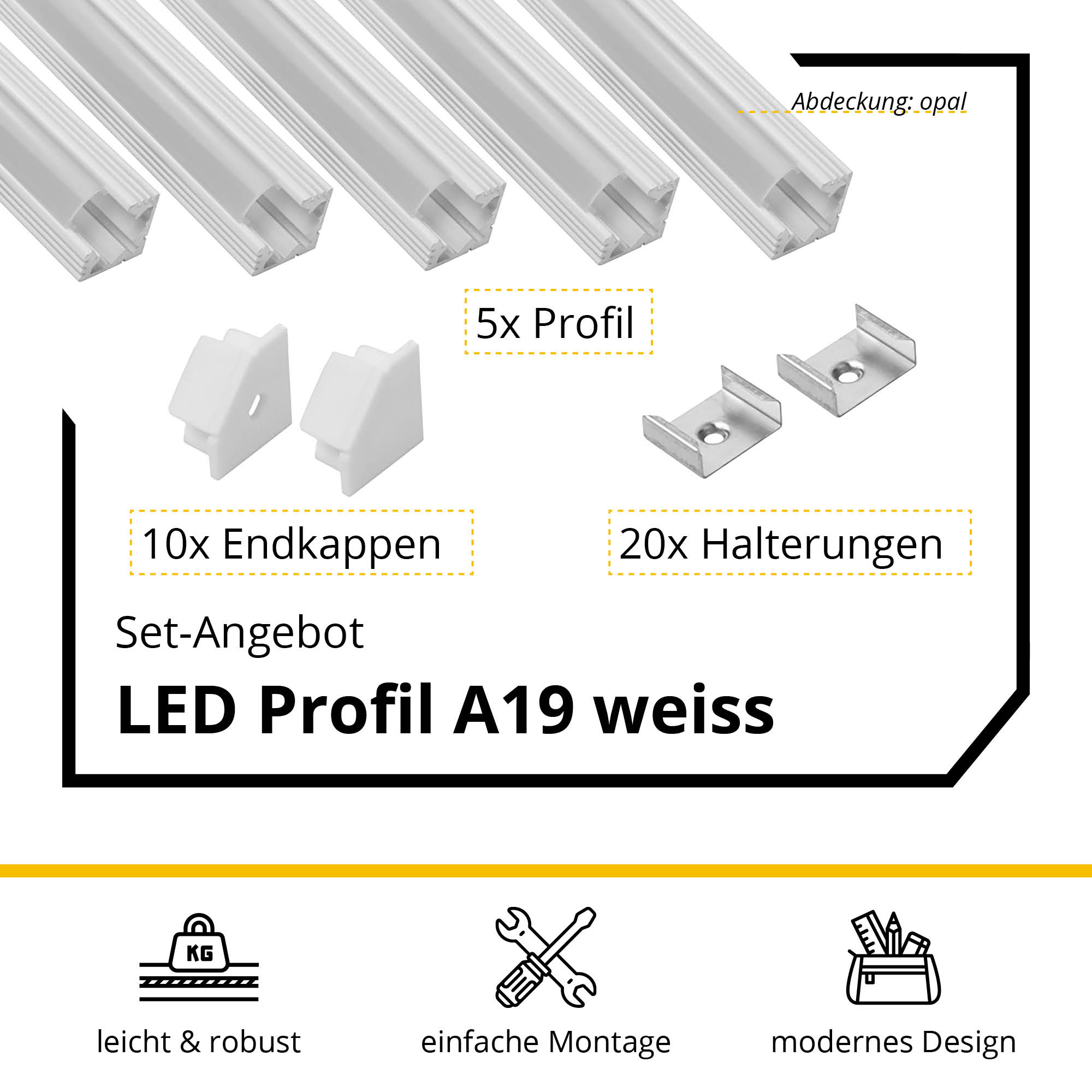 5x A19 LED Profil 2m - Weiss inkl. Abdeckung, Halter & Endkappen 5x A19 LED Profil 2m - Weiss inkl. Abdeckung opal, Halter & Endkappen